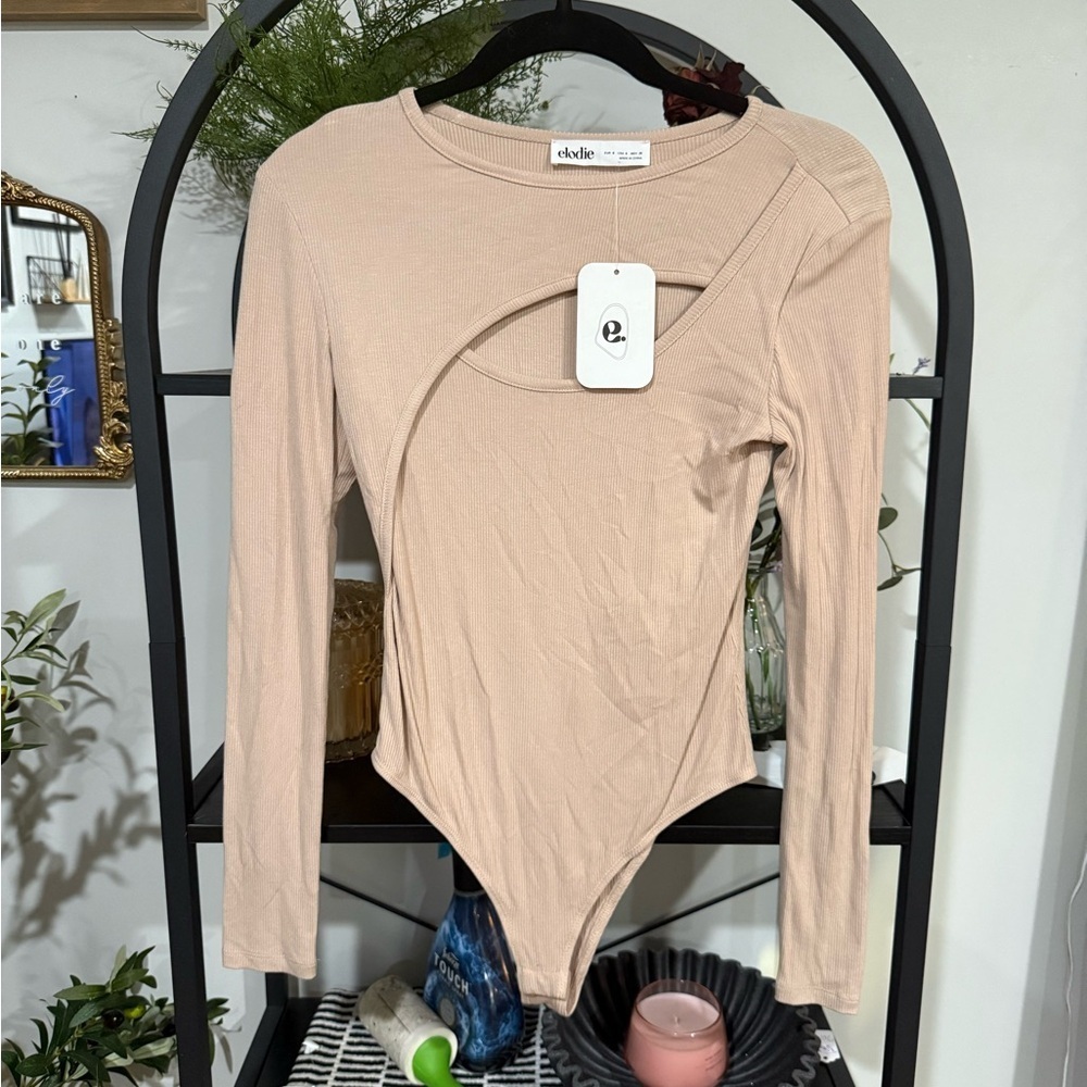 Elodie Tan Asymmetrical Cut Out Bodysuit size small